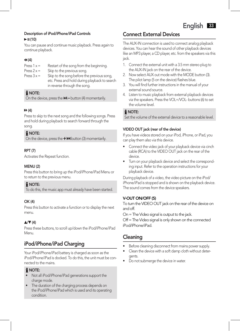 English, Ipod/iphone/ipad charging, Connect external devices | Cleaning | AEG IMS 4452 User Manual | Page 33 / 58