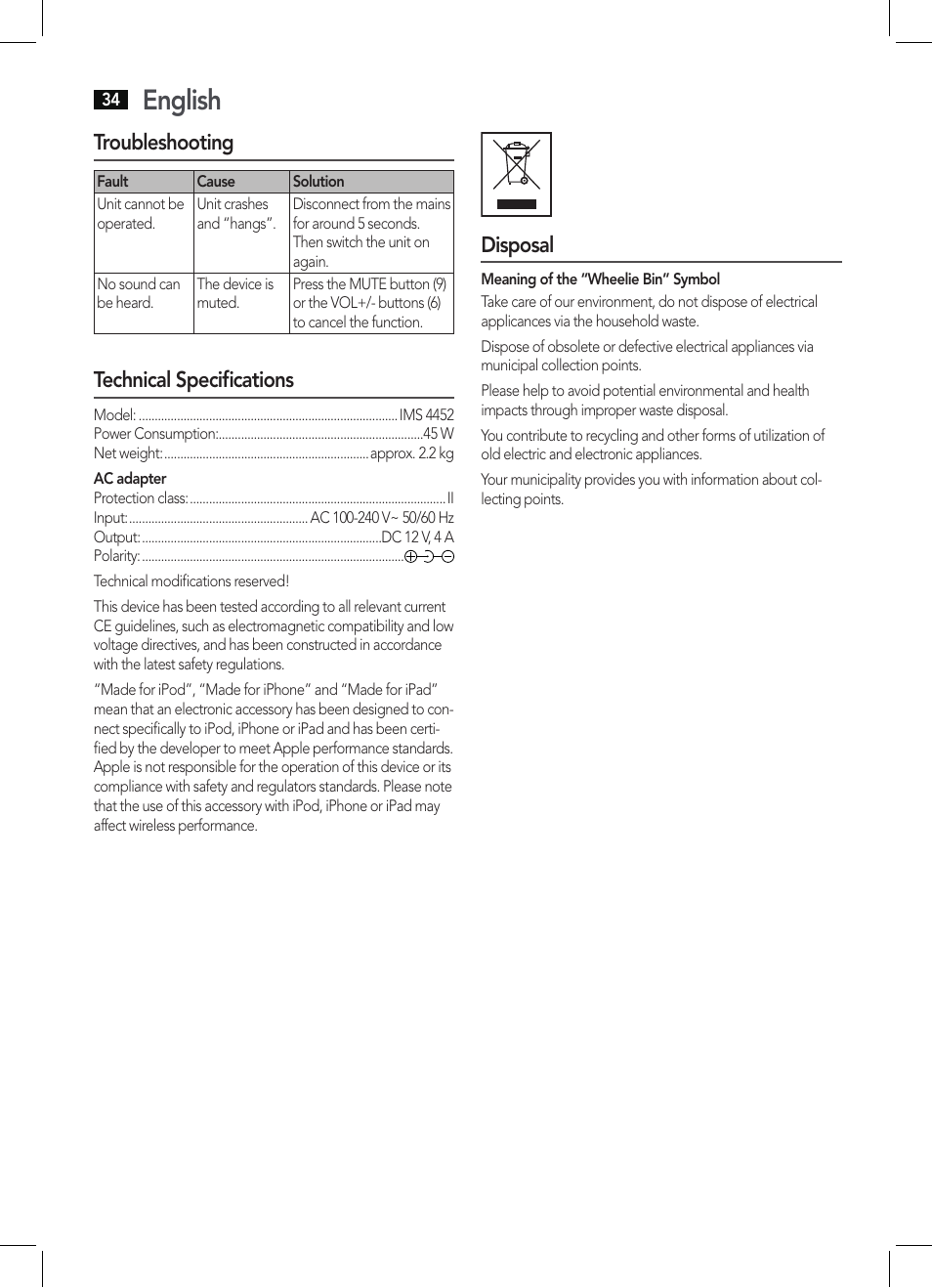 English, Technical specifications, Disposal | Troubleshooting | AEG IMS 4452 User Manual | Page 34 / 58