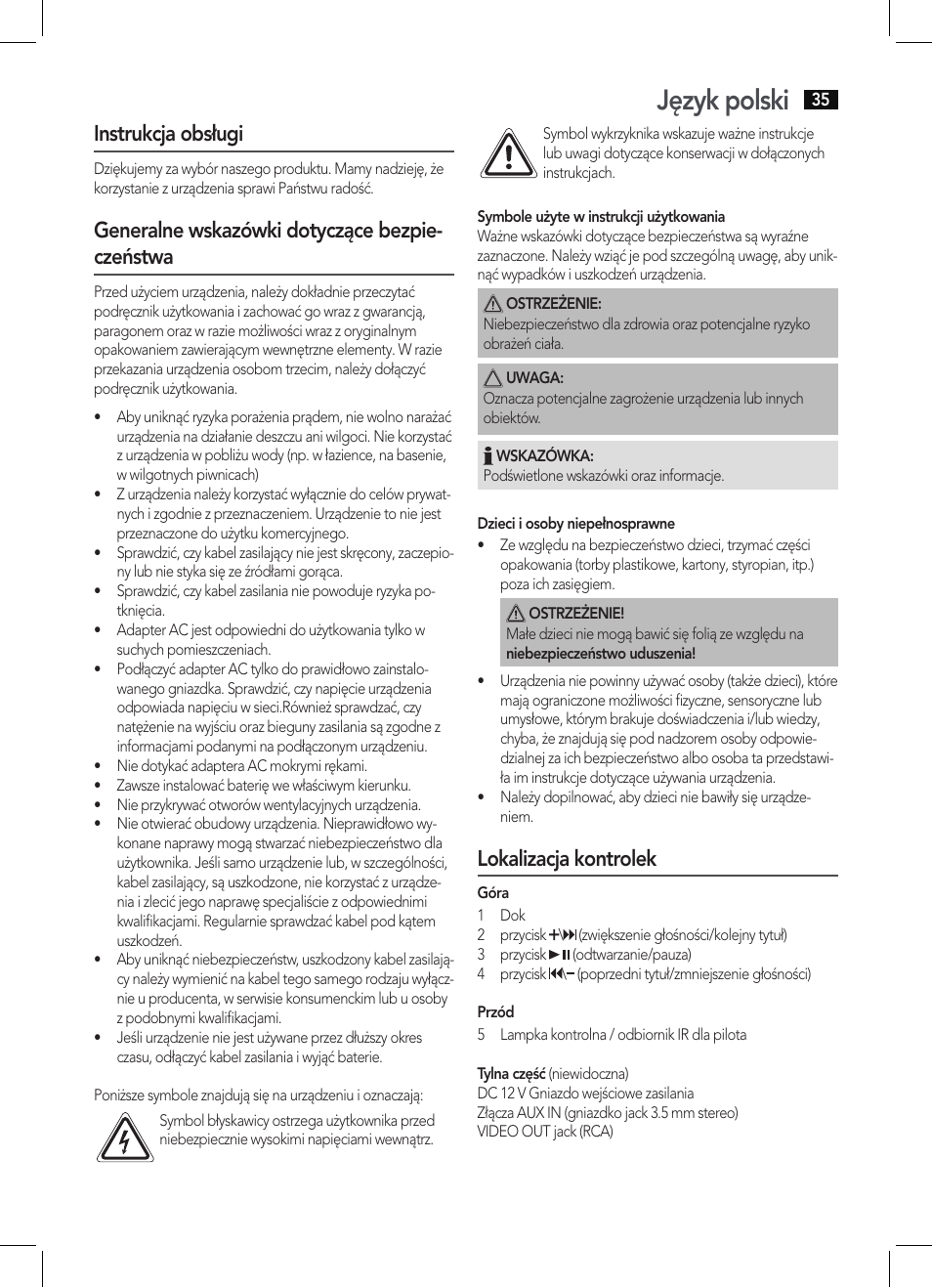 Język polski, Instrukcja obsługi, Generalne wskazówki dotyczące bezpie- czeństwa | Lokalizacja kontrolek | AEG IMS 4452 User Manual | Page 35 / 58