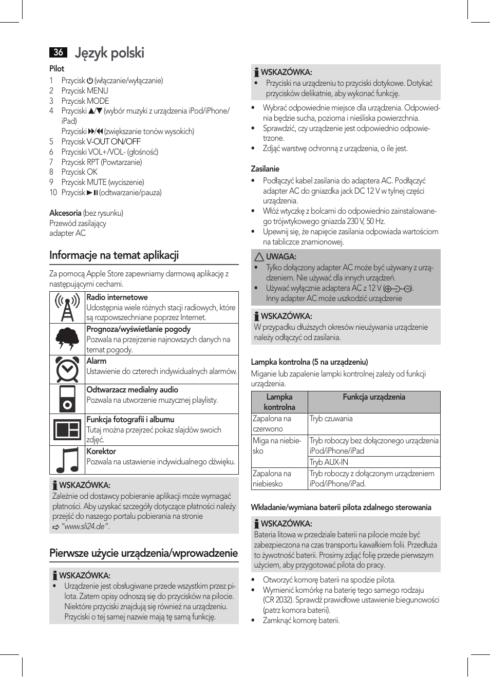 Język polski, Informacje na temat aplikacji, Pierwsze użycie urządzenia/wprowadzenie | AEG IMS 4452 User Manual | Page 36 / 58