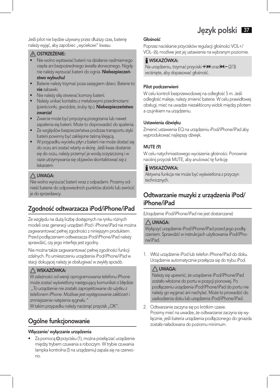 Język polski, Zgodność odtwarzacza ipod/iphone/ipad, Ogólne funkcjonowanie | Odtwarzanie muzyki z urządzenia ipod/ iphone/ipad | AEG IMS 4452 User Manual | Page 37 / 58