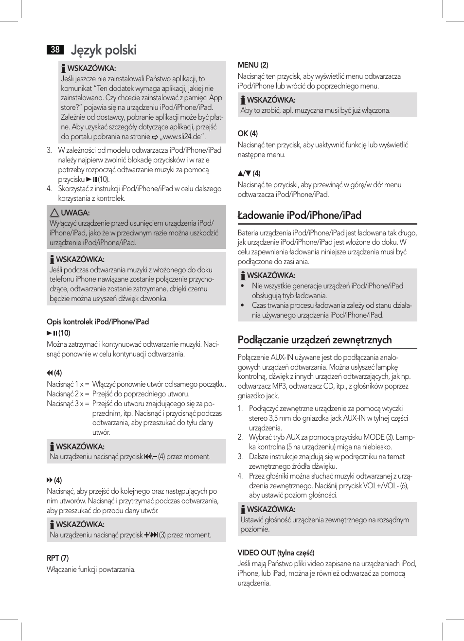 Język polski, Ładowanie ipod/iphone/ipad, Podłączanie urządzeń zewnętrznych | AEG IMS 4452 User Manual | Page 38 / 58