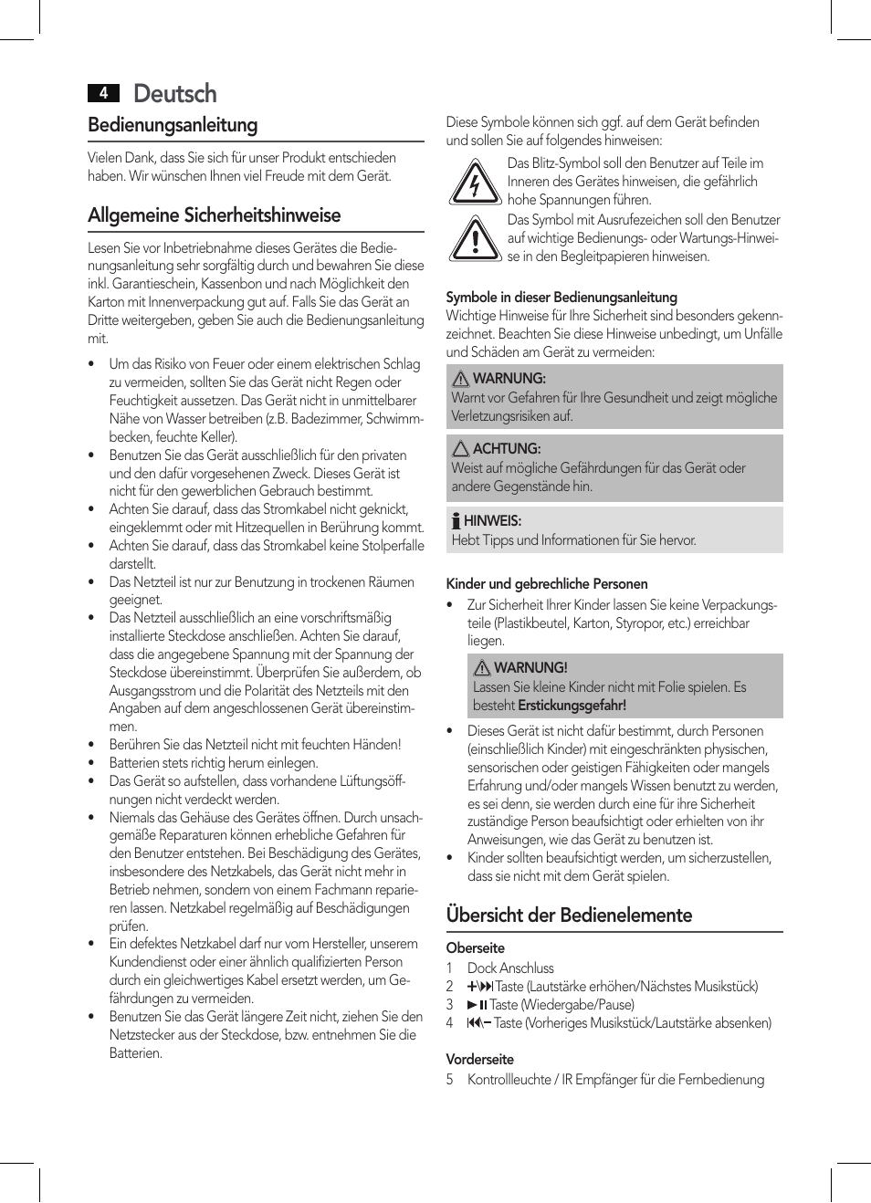 Deutsch, Bedienungsanleitung, Allgemeine sicherheitshinweise | Übersicht der bedienelemente | AEG IMS 4452 User Manual | Page 4 / 58