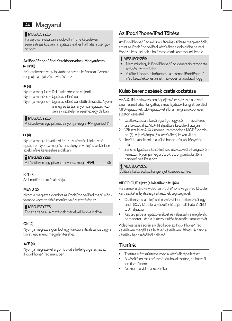 Magyarul, Az ipod/iphone/ipad töltése, Külső berendezések csatlakoztatása | Tisztítás | AEG IMS 4452 User Manual | Page 44 / 58