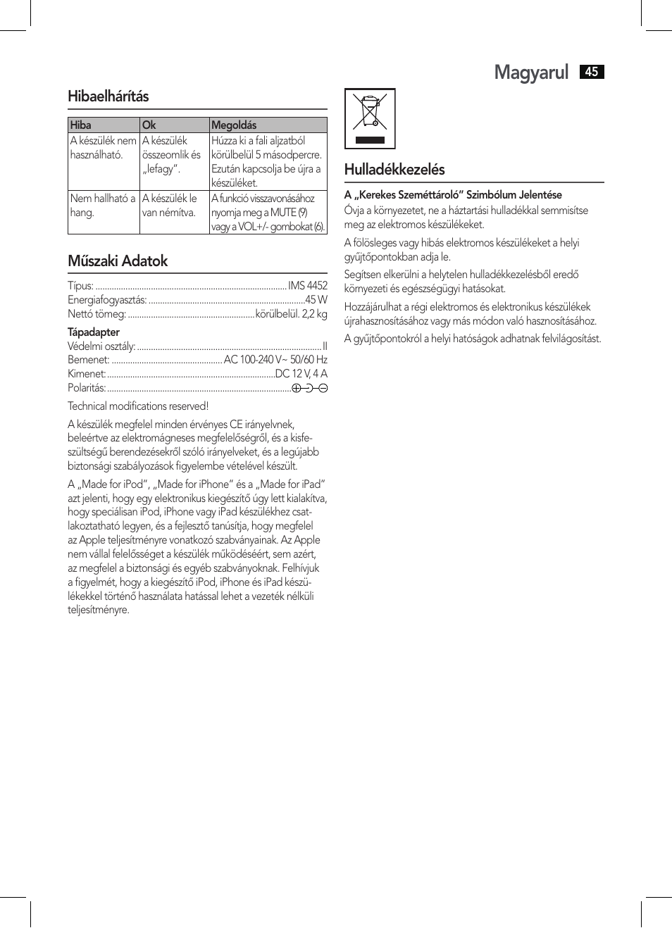 Magyarul, Hibaelhárítás, Műszaki adatok | Hulladékkezelés | AEG IMS 4452 User Manual | Page 45 / 58