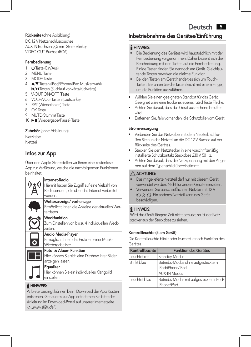 Deutsch, Infos zur app, Inbetriebnahme des gerätes/einführung | AEG IMS 4452 User Manual | Page 5 / 58