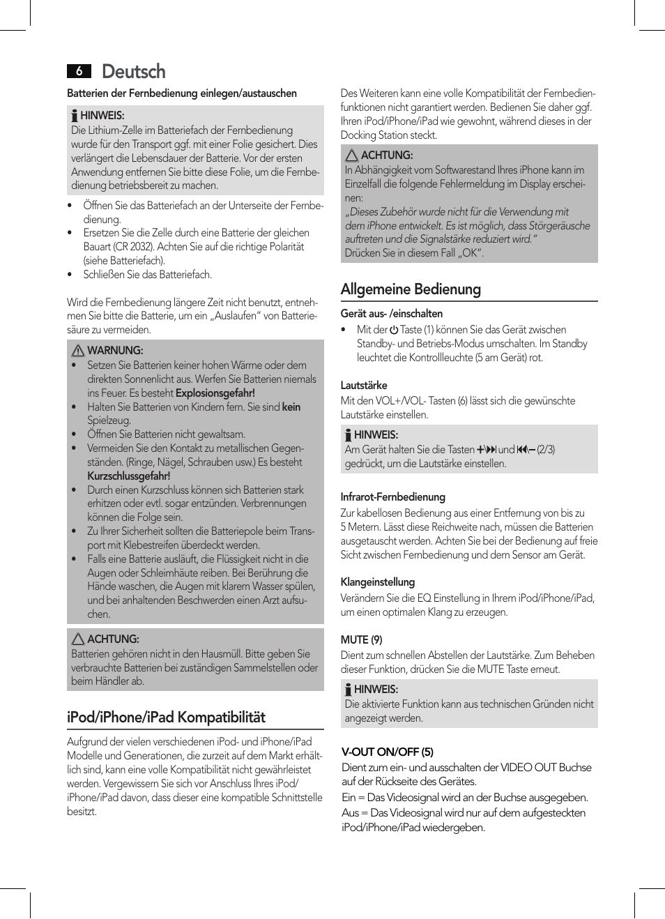 Deutsch, Ipod/iphone/ipad kompatibilität, Allgemeine bedienung | AEG IMS 4452 User Manual | Page 6 / 58