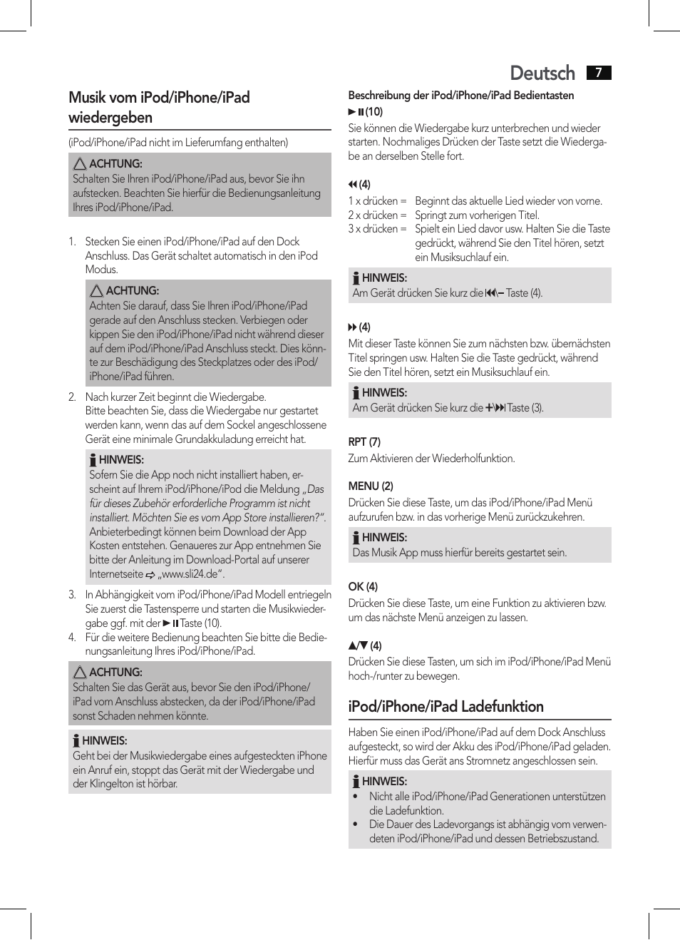 Deutsch, Musik vom ipod/iphone/ipad wiedergeben, Ipod/iphone/ipad ladefunktion | AEG IMS 4452 User Manual | Page 7 / 58