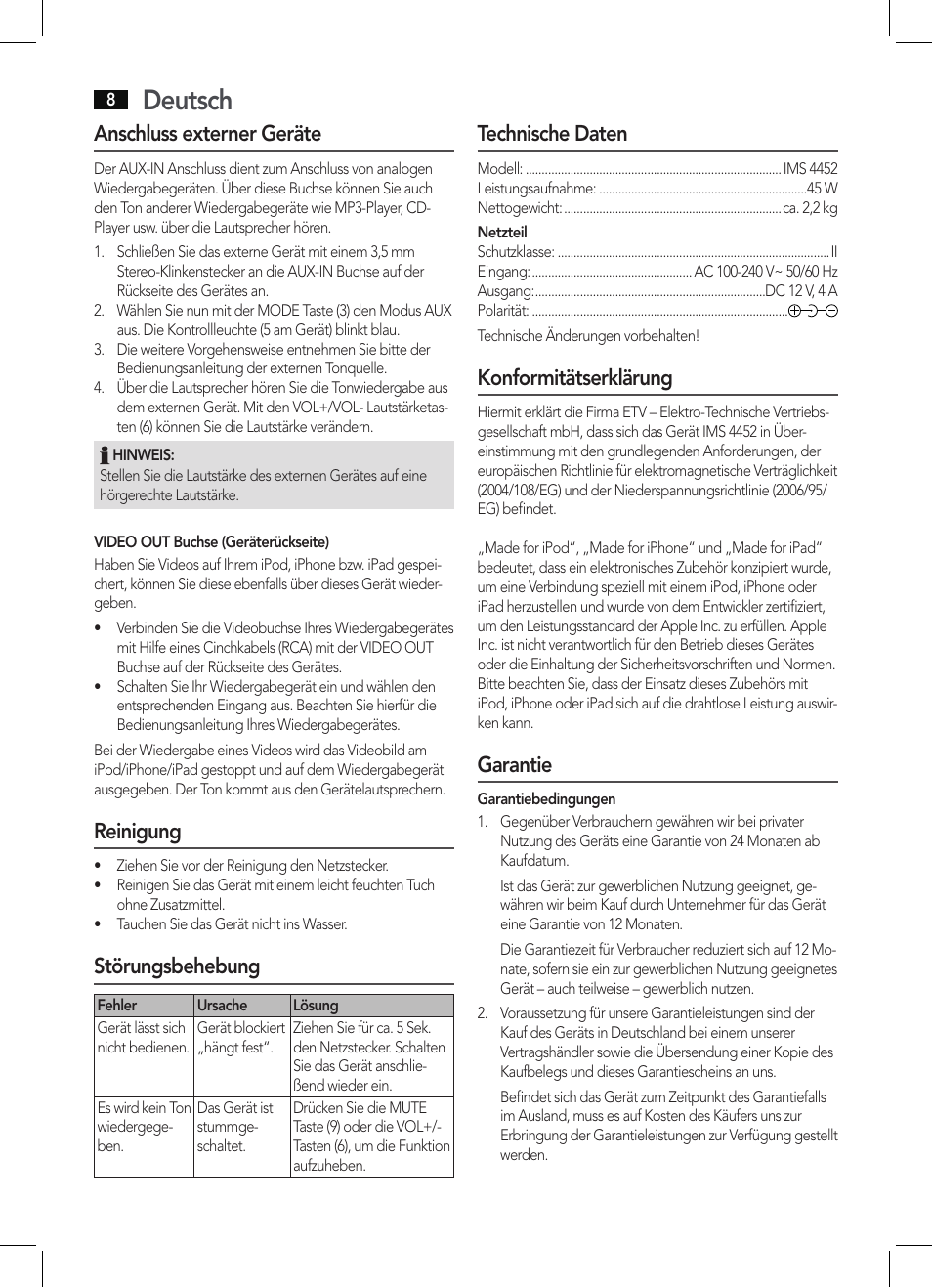 Deutsch, Anschluss externer geräte, Reinigung | Störungsbehebung, Technische daten, Konformitätserklärung, Garantie | AEG IMS 4452 User Manual | Page 8 / 58