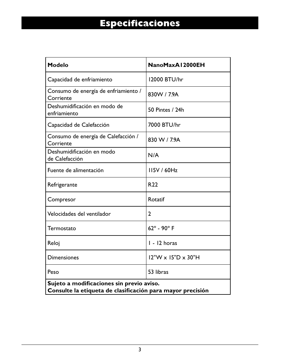 Especificaciones | Amcor A12000EH User Manual | Page 21 / 32