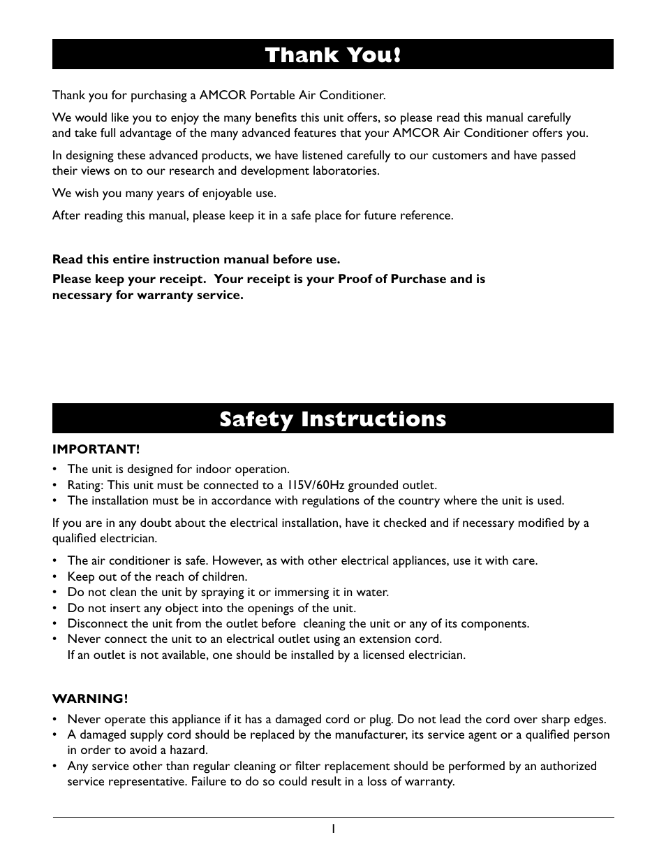 Safety instructions | Amcor A12000EH User Manual | Page 3 / 32