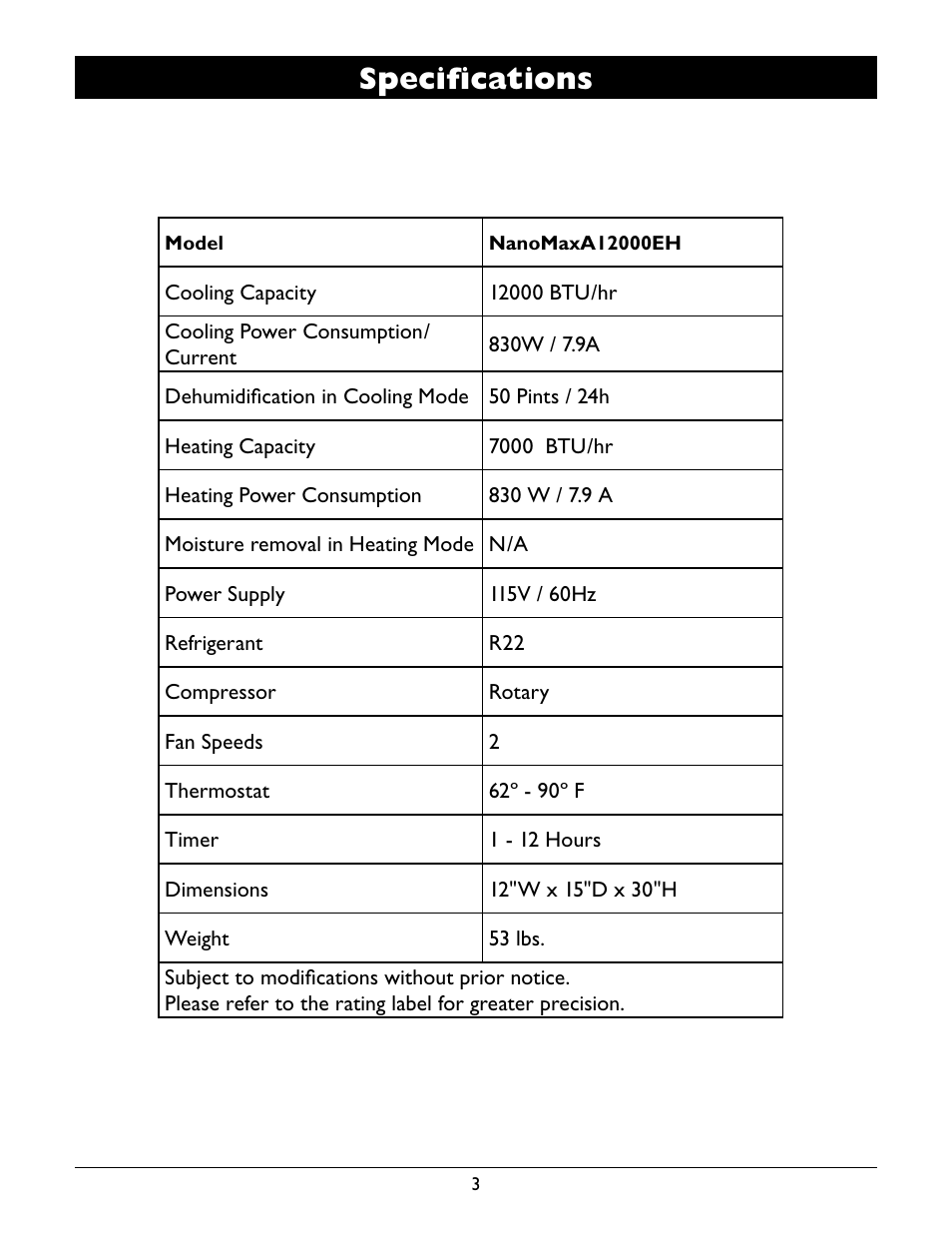 Specifications | Amcor A12000EH User Manual | Page 5 / 32