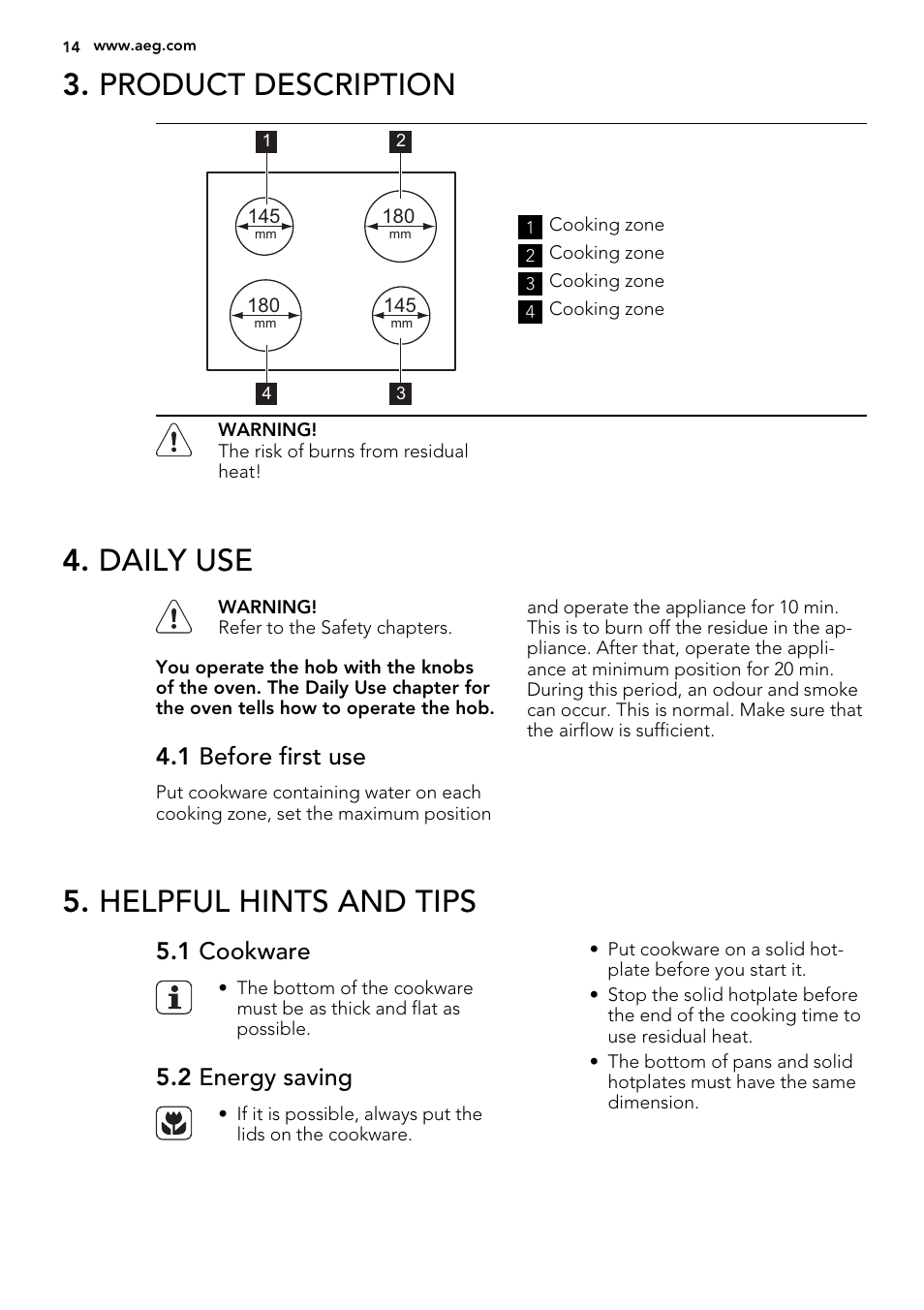 Product description, Daily use, Helpful hints and tips | 1 before first use, 1 cookware, 2 energy saving | AEG HC652600EB User Manual | Page 14 / 44