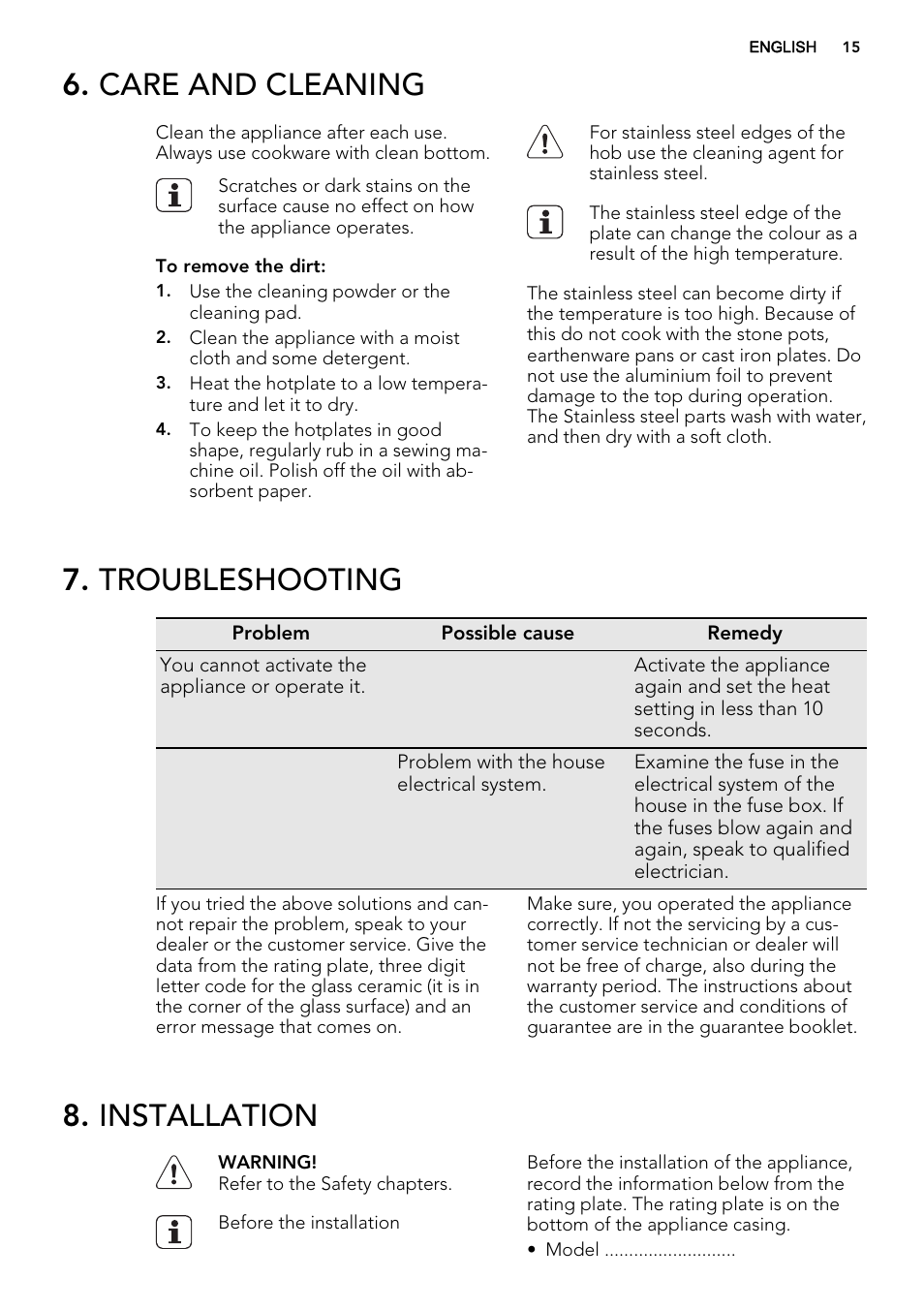 Care and cleaning, Troubleshooting, Installation | AEG HC652600EB User Manual | Page 15 / 44