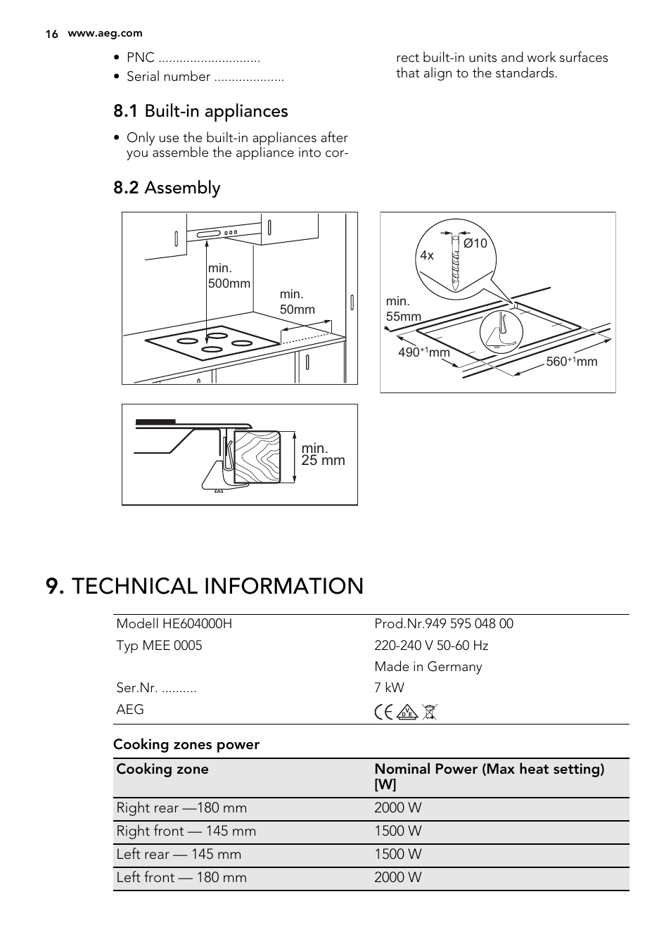 Technical information, 1 built-in appliances, 2 assembly | AEG HC652600EB User Manual | Page 16 / 44