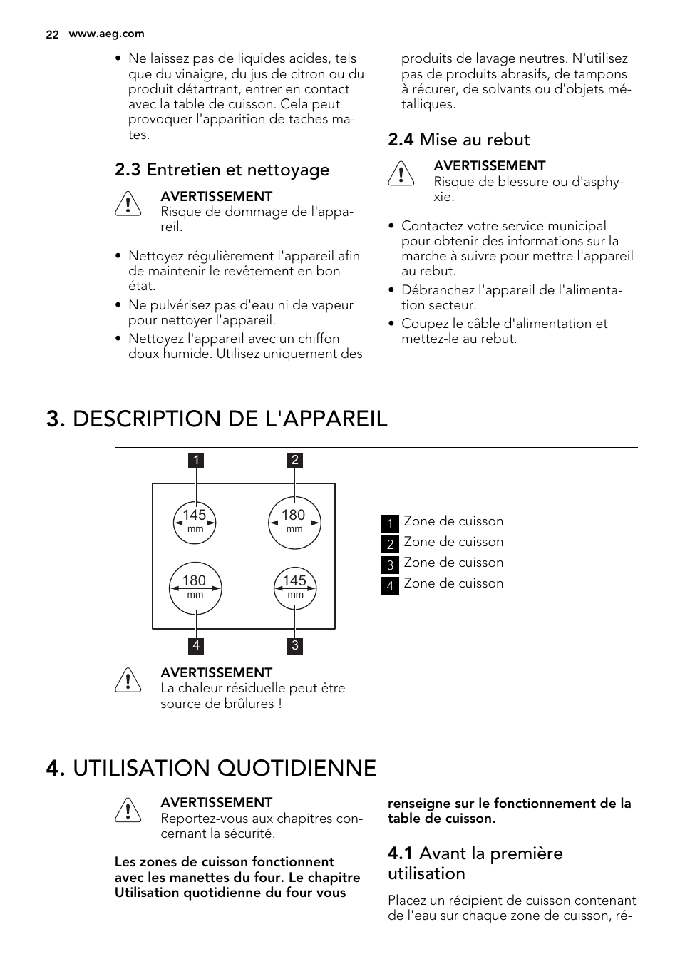Description de l'appareil, Utilisation quotidienne, 3 entretien et nettoyage | 4 mise au rebut, 1 avant la première utilisation | AEG HC652600EB User Manual | Page 22 / 44
