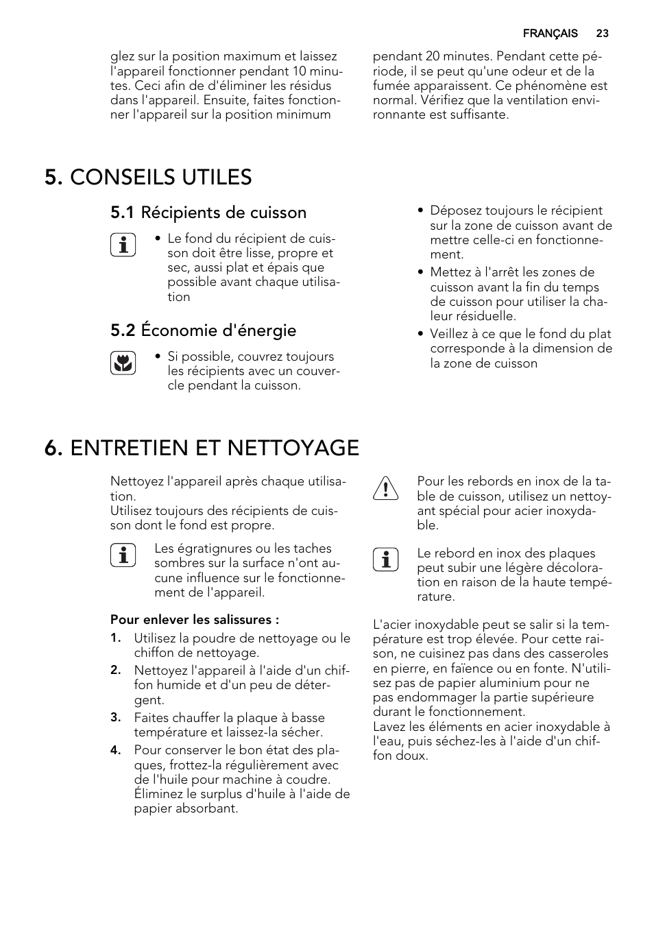 Conseils utiles, Entretien et nettoyage, 1 récipients de cuisson | 2 économie d'énergie | AEG HC652600EB User Manual | Page 23 / 44