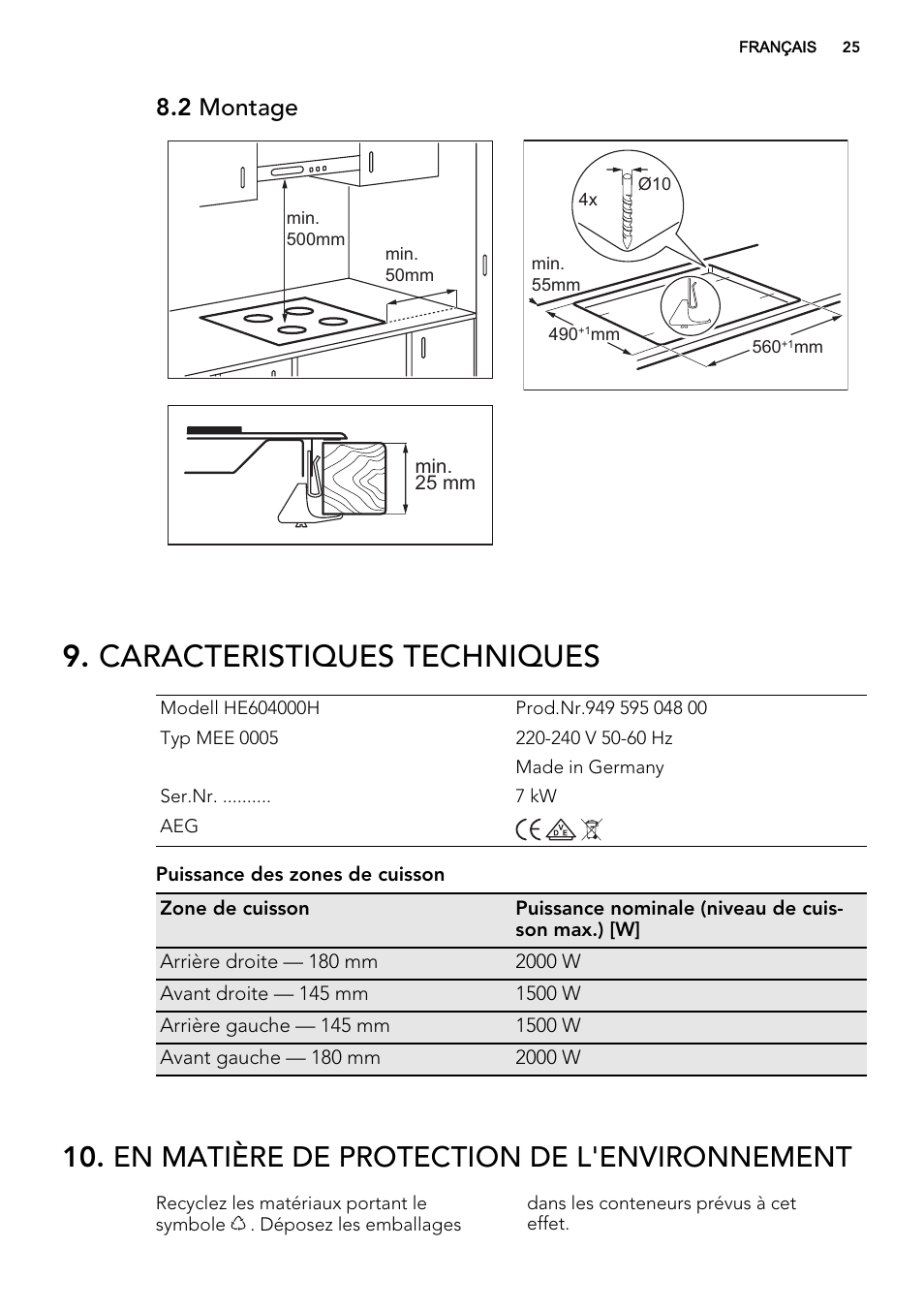 Caracteristiques techniques, En matière de protection de l'environnement, 2 montage | AEG HC652600EB User Manual | Page 25 / 44