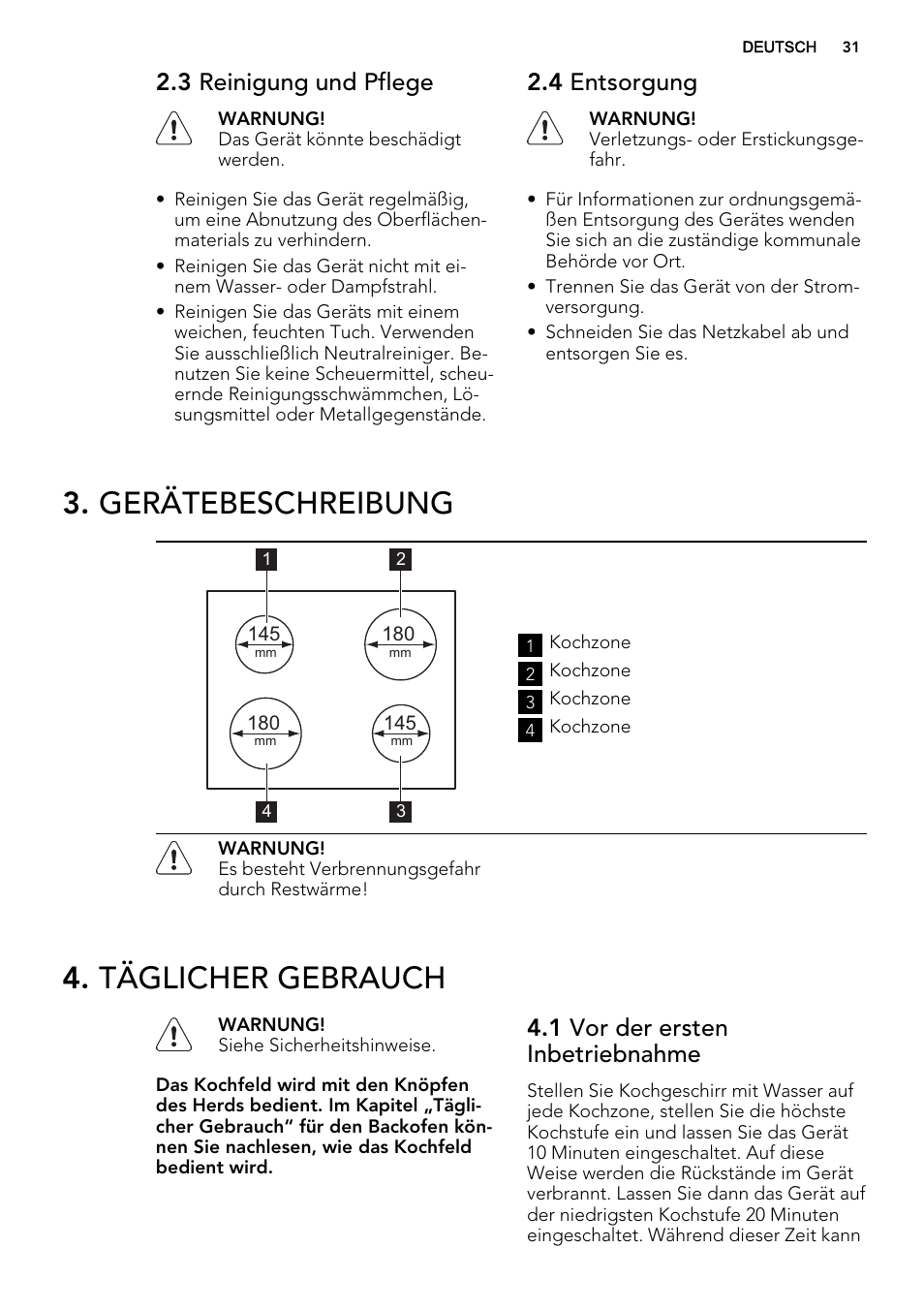 Gerätebeschreibung, Täglicher gebrauch, 3 reinigung und pflege | 4 entsorgung, 1 vor der ersten inbetriebnahme | AEG HC652600EB User Manual | Page 31 / 44