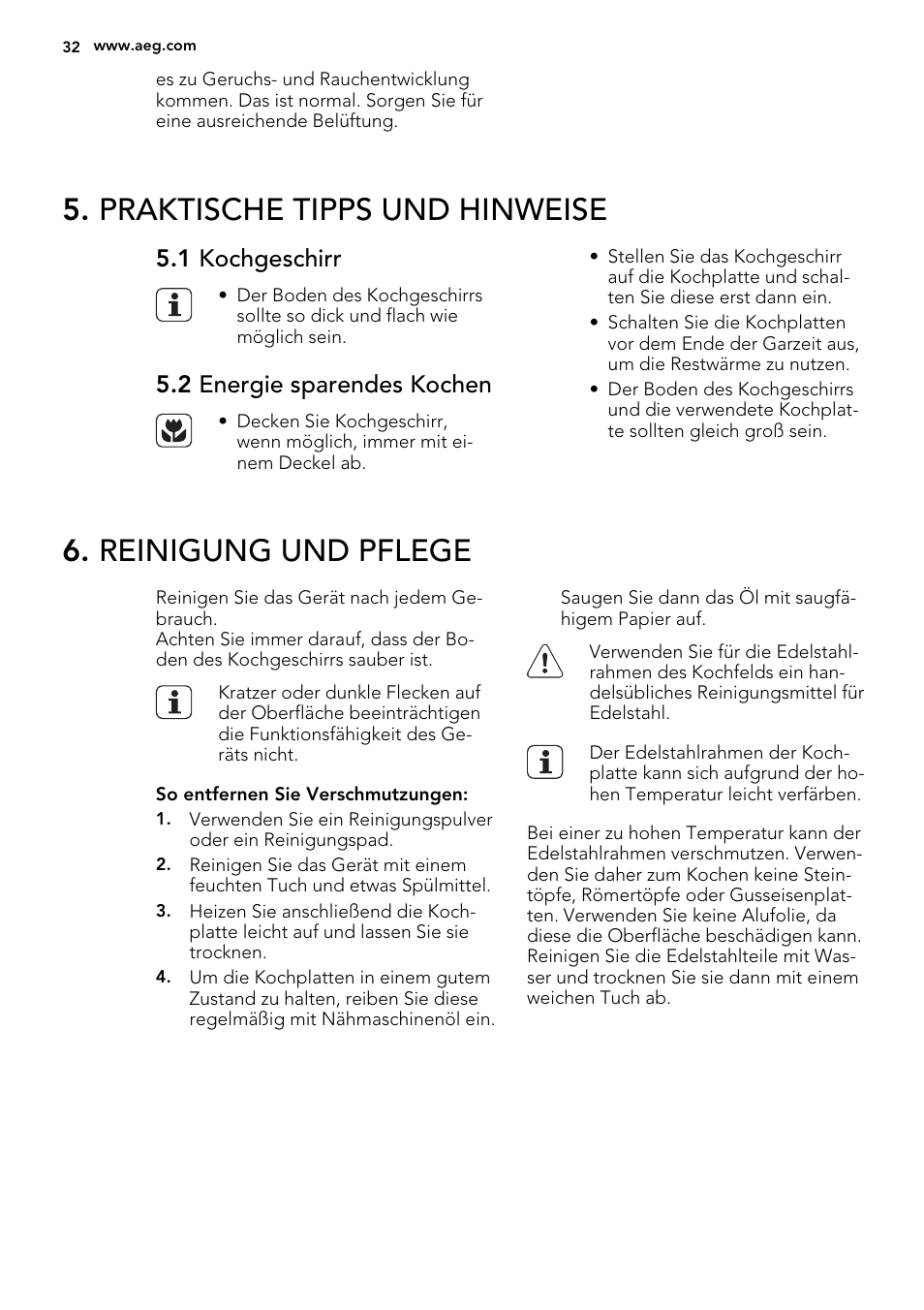 Praktische tipps und hinweise, Reinigung und pflege, 1 kochgeschirr | 2 energie sparendes kochen | AEG HC652600EB User Manual | Page 32 / 44