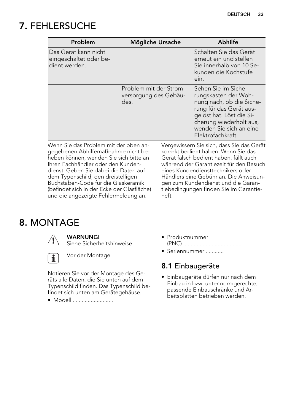 Fehlersuche, Montage, 1 einbaugeräte | AEG HC652600EB User Manual | Page 33 / 44