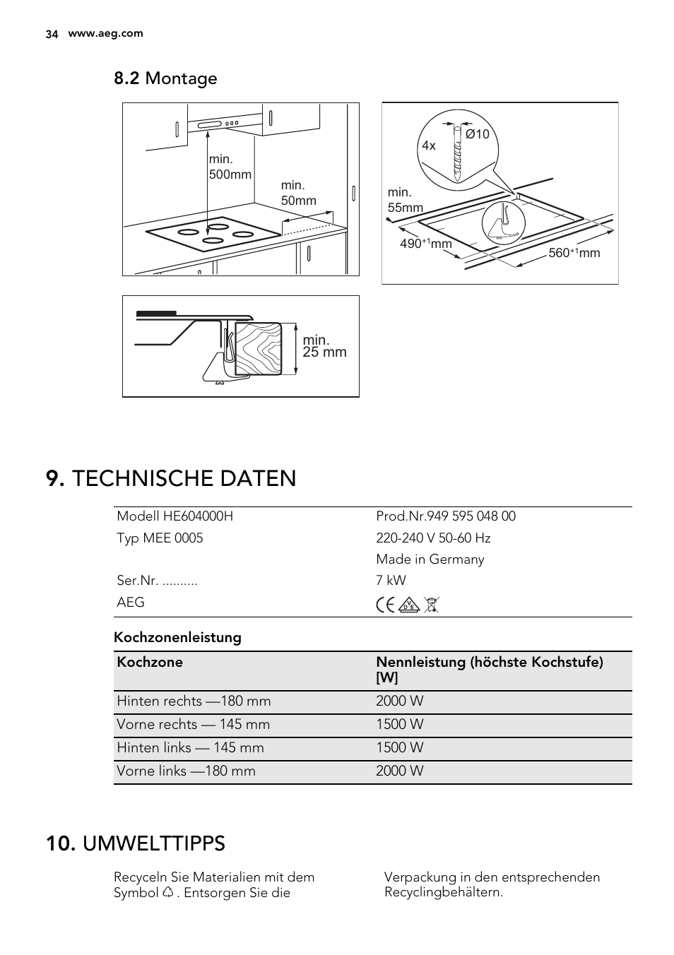 Technische daten, Umwelttipps, 2 montage | AEG HC652600EB User Manual | Page 34 / 44