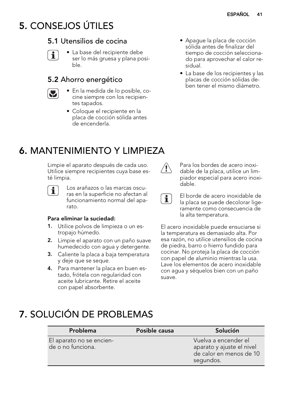 Consejos útiles, Mantenimiento y limpieza, Solución de problemas | 1 utensilios de cocina, 2 ahorro energético | AEG HC652600EB User Manual | Page 41 / 44