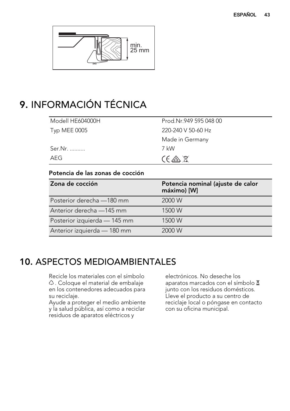 Información técnica, Aspectos medioambientales | AEG HC652600EB User Manual | Page 43 / 44