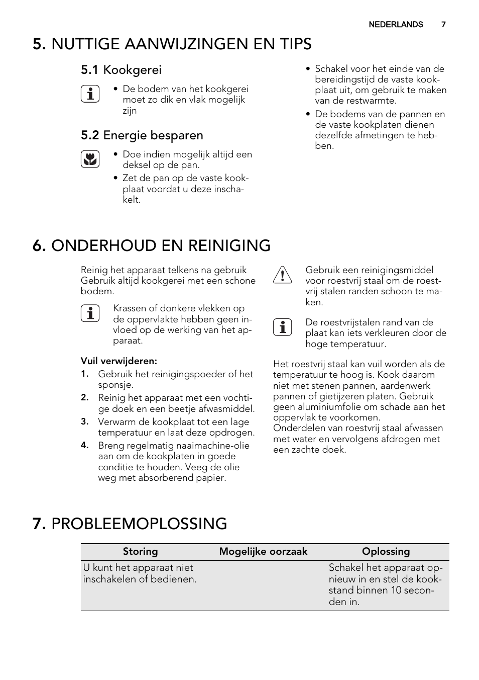 Nuttige aanwijzingen en tips, Onderhoud en reiniging, Probleemoplossing | 1 kookgerei, 2 energie besparen | AEG HC652600EB User Manual | Page 7 / 44