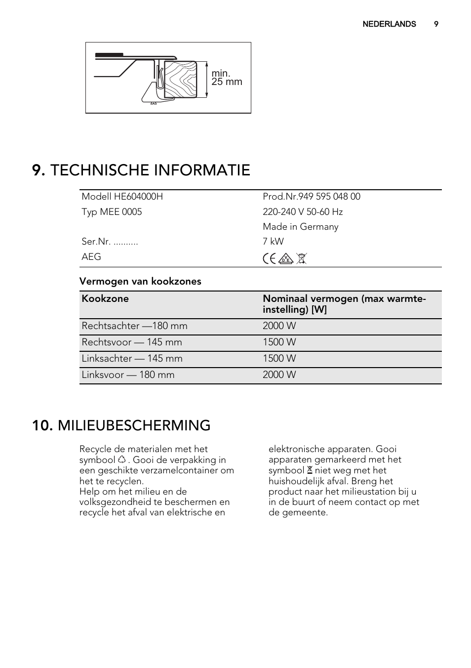 Technische informatie, Milieubescherming | AEG HC652600EB User Manual | Page 9 / 44
