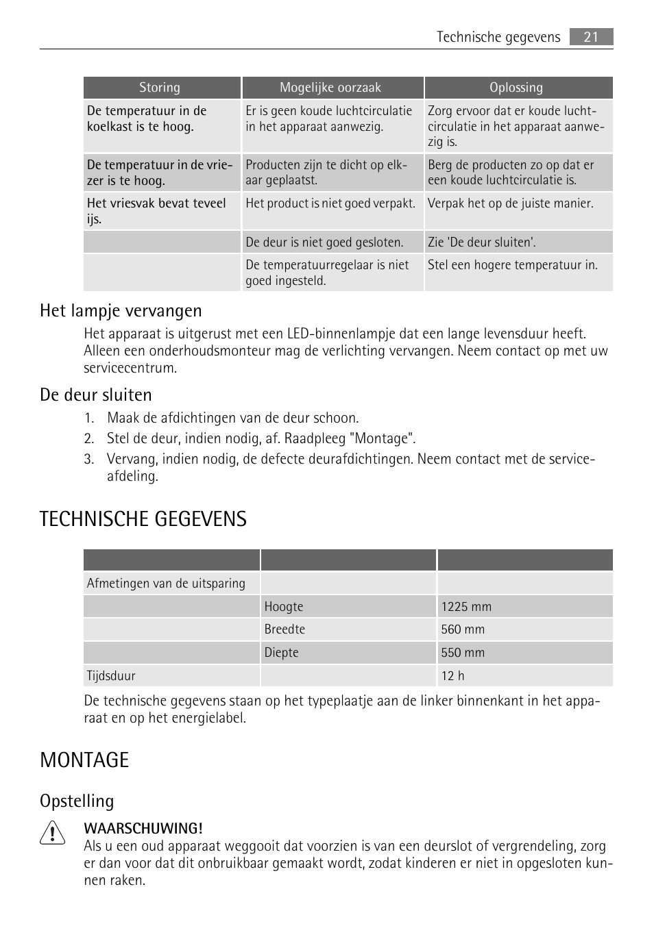 Technische gegevens, Montage, Het lampje vervangen | De deur sluiten, Opstelling | AEG SKZ81200F0 User Manual | Page 21 / 96