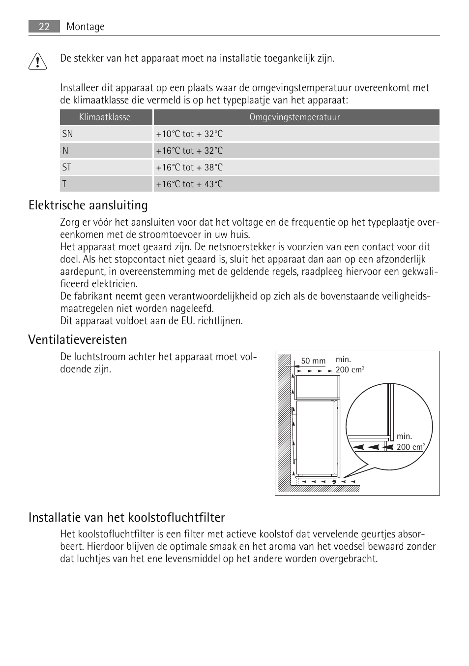 Elektrische aansluiting, Ventilatievereisten, Installatie van het koolstofluchtfilter | AEG SKZ81200F0 User Manual | Page 22 / 96