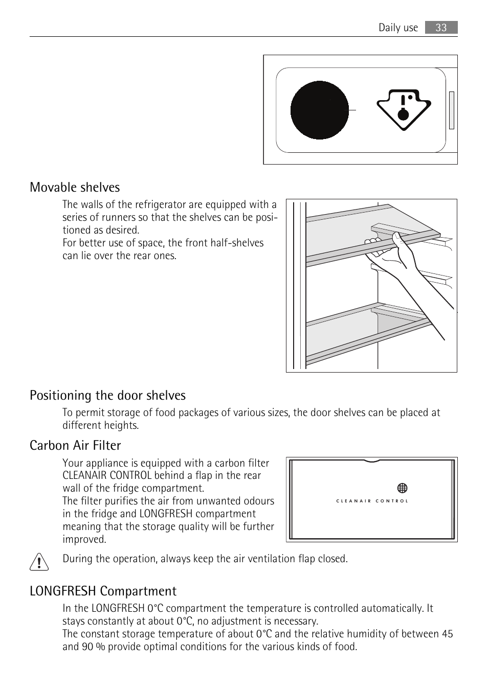 Movable shelves, Positioning the door shelves, Carbon air filter | Longfresh compartment | AEG SKZ81200F0 User Manual | Page 33 / 96