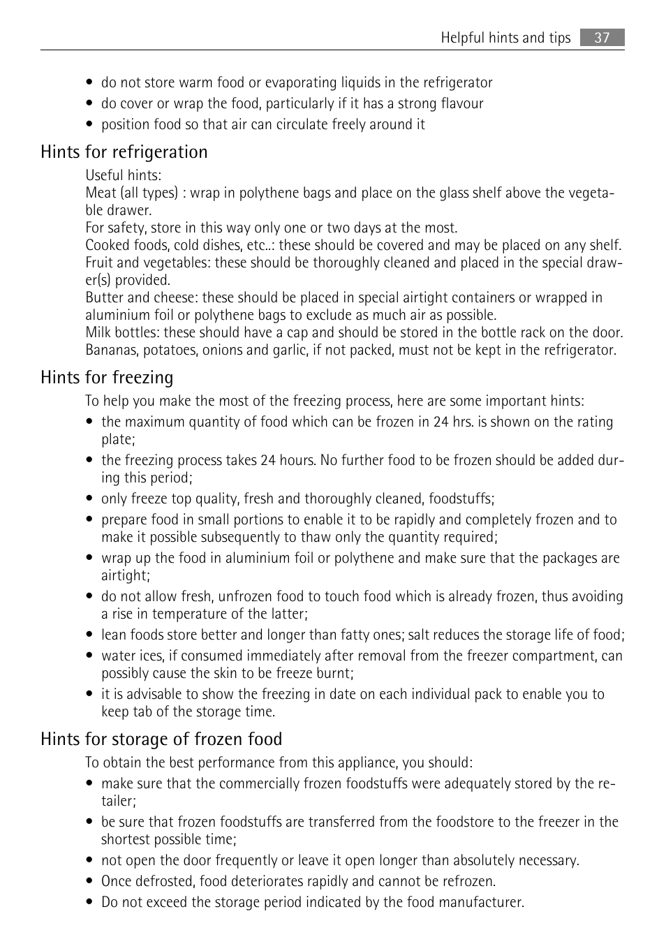 Hints for refrigeration, Hints for freezing, Hints for storage of frozen food | AEG SKZ81200F0 User Manual | Page 37 / 96