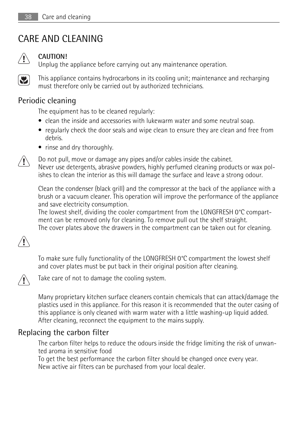 Care and cleaning, Periodic cleaning, Replacing the carbon filter | AEG SKZ81200F0 User Manual | Page 38 / 96