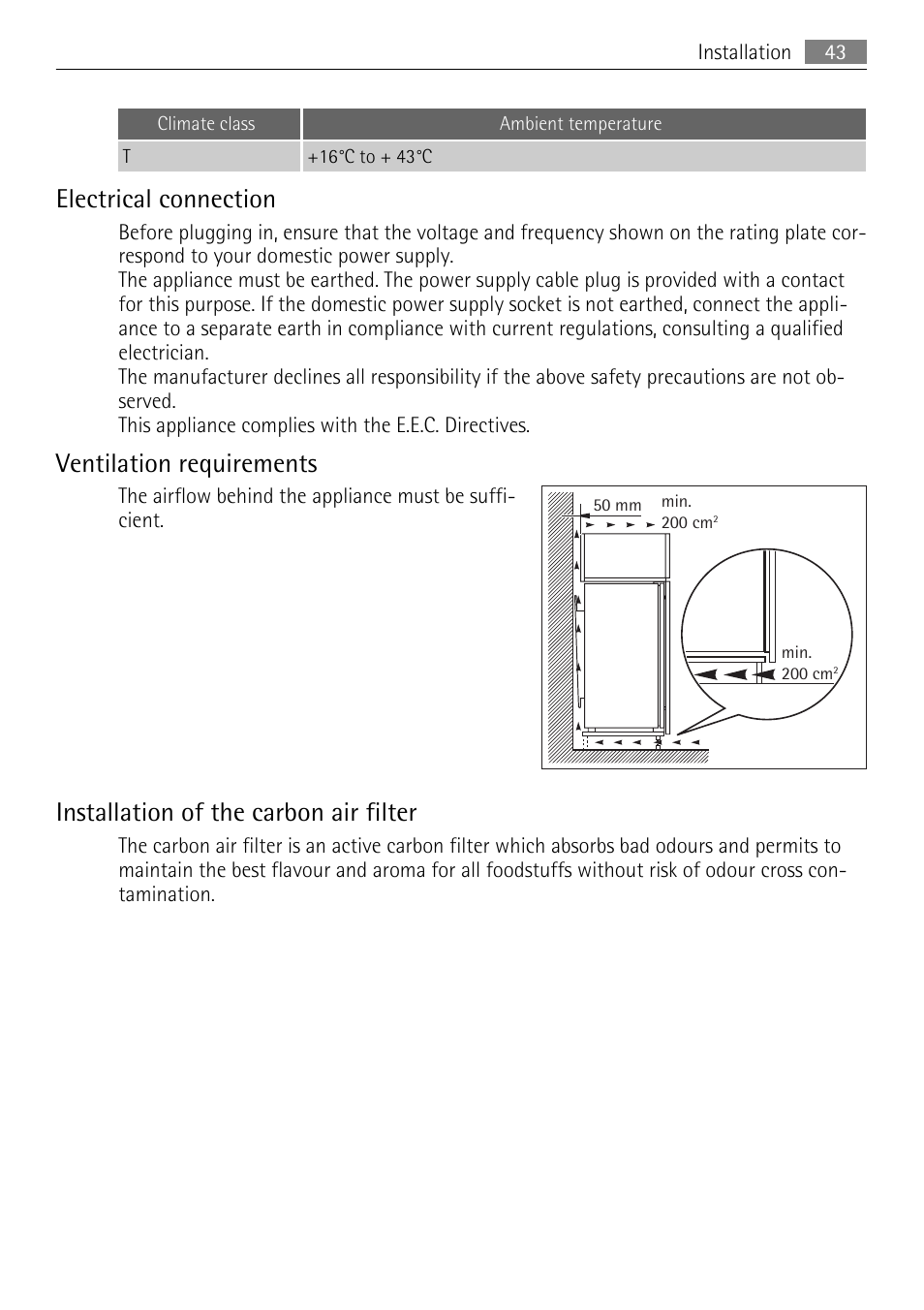 Electrical connection, Ventilation requirements, Installation of the carbon air filter | AEG SKZ81200F0 User Manual | Page 43 / 96