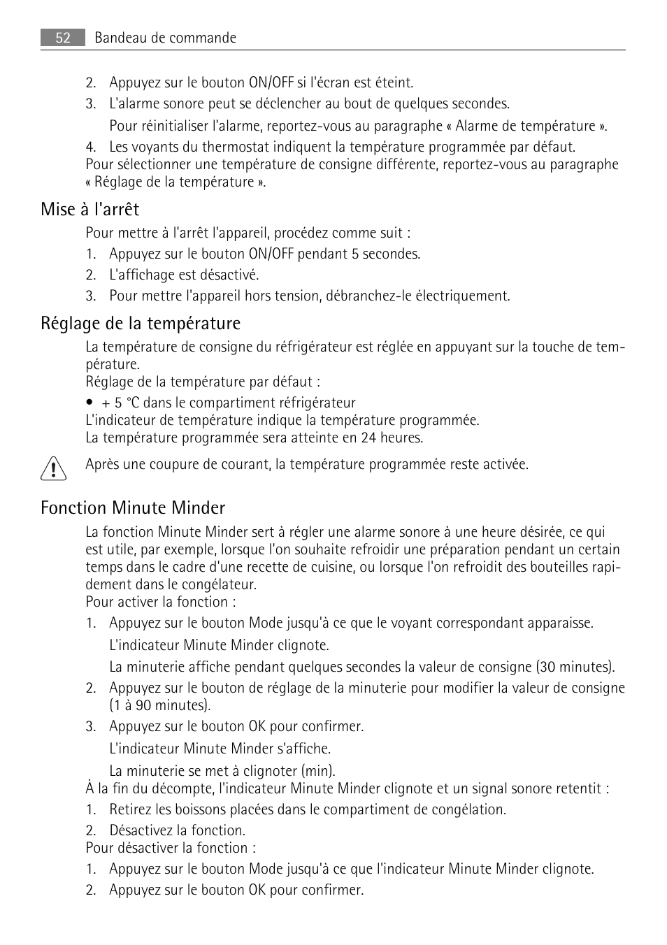 Mise à l'arrêt, Réglage de la température, Fonction minute minder | AEG SKZ81200F0 User Manual | Page 52 / 96