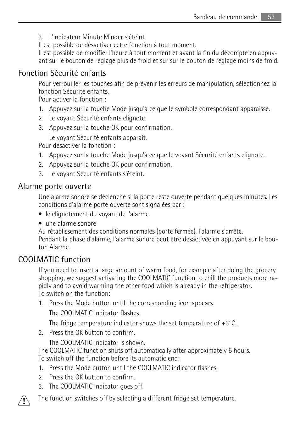 Fonction sécurité enfants, Alarme porte ouverte, Coolmatic function | AEG SKZ81200F0 User Manual | Page 53 / 96