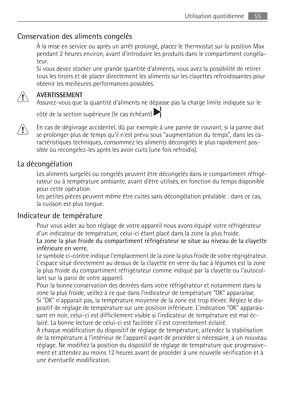 Conservation des aliments congelés, La décongélation, Indicateur de température | AEG SKZ81200F0 User Manual | Page 55 / 96