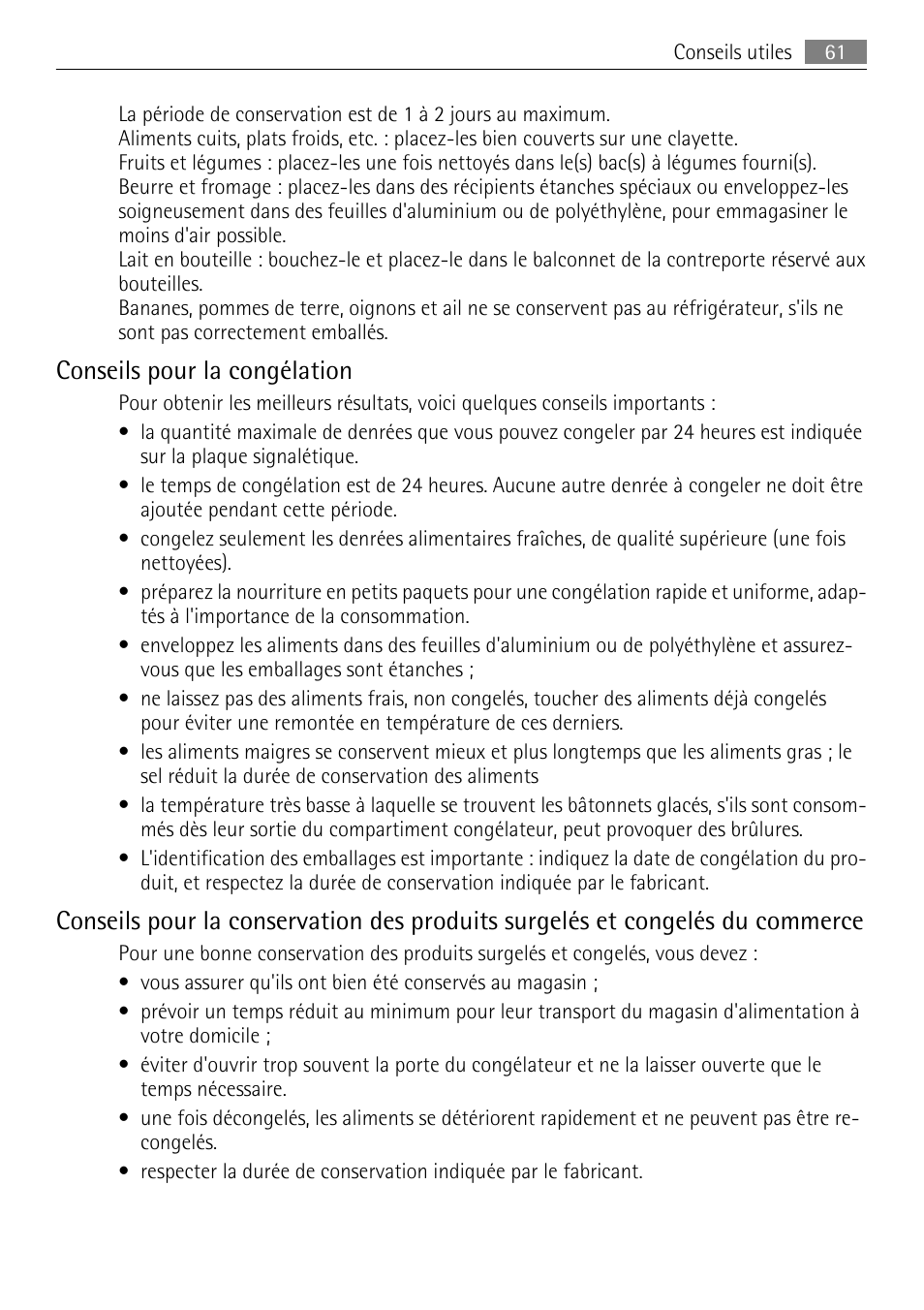 Conseils pour la congélation | AEG SKZ81200F0 User Manual | Page 61 / 96