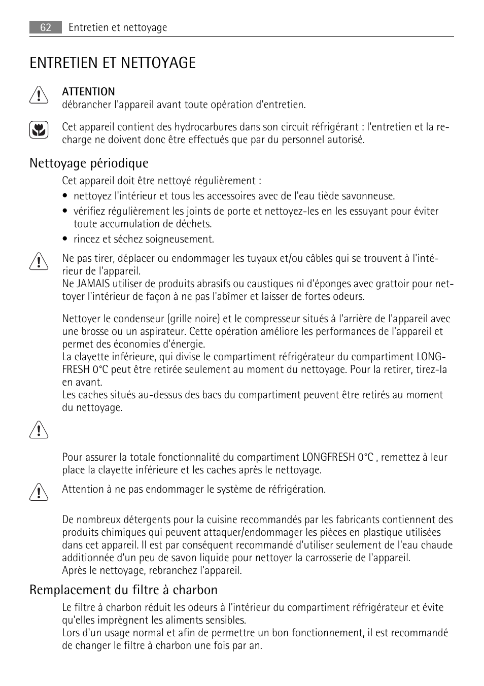 Entretien et nettoyage, Nettoyage périodique, Remplacement du filtre à charbon | AEG SKZ81200F0 User Manual | Page 62 / 96