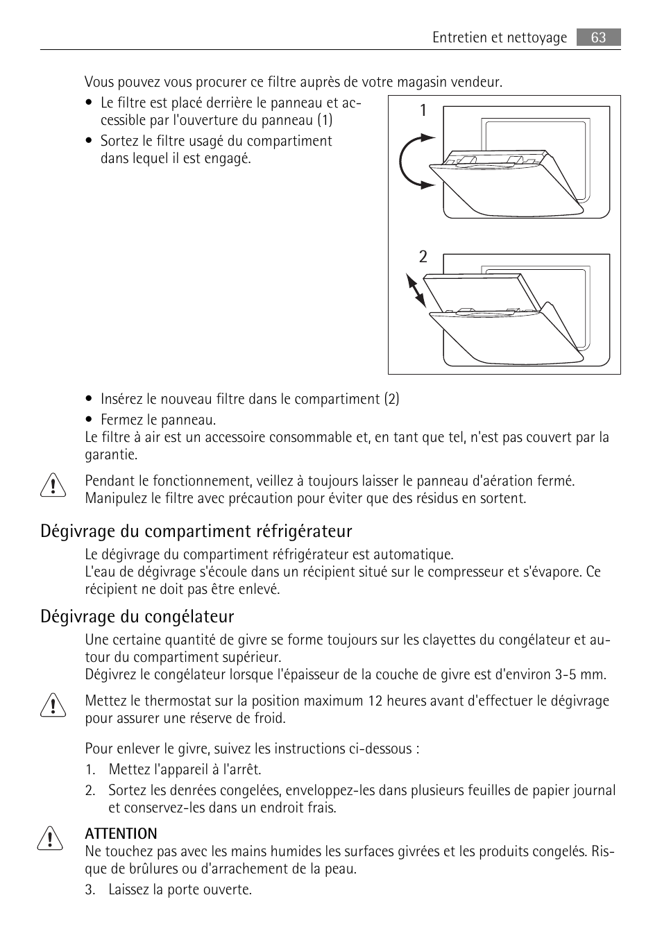 Dégivrage du compartiment réfrigérateur, Dégivrage du congélateur | AEG SKZ81200F0 User Manual | Page 63 / 96