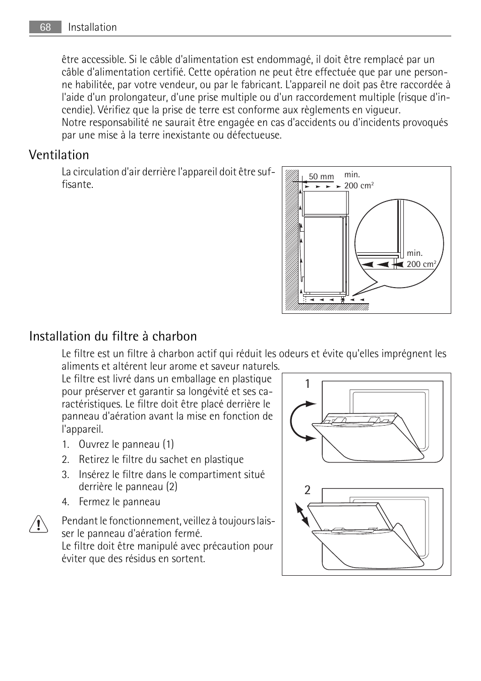 Ventilation, Installation du filtre à charbon | AEG SKZ81200F0 User Manual | Page 68 / 96