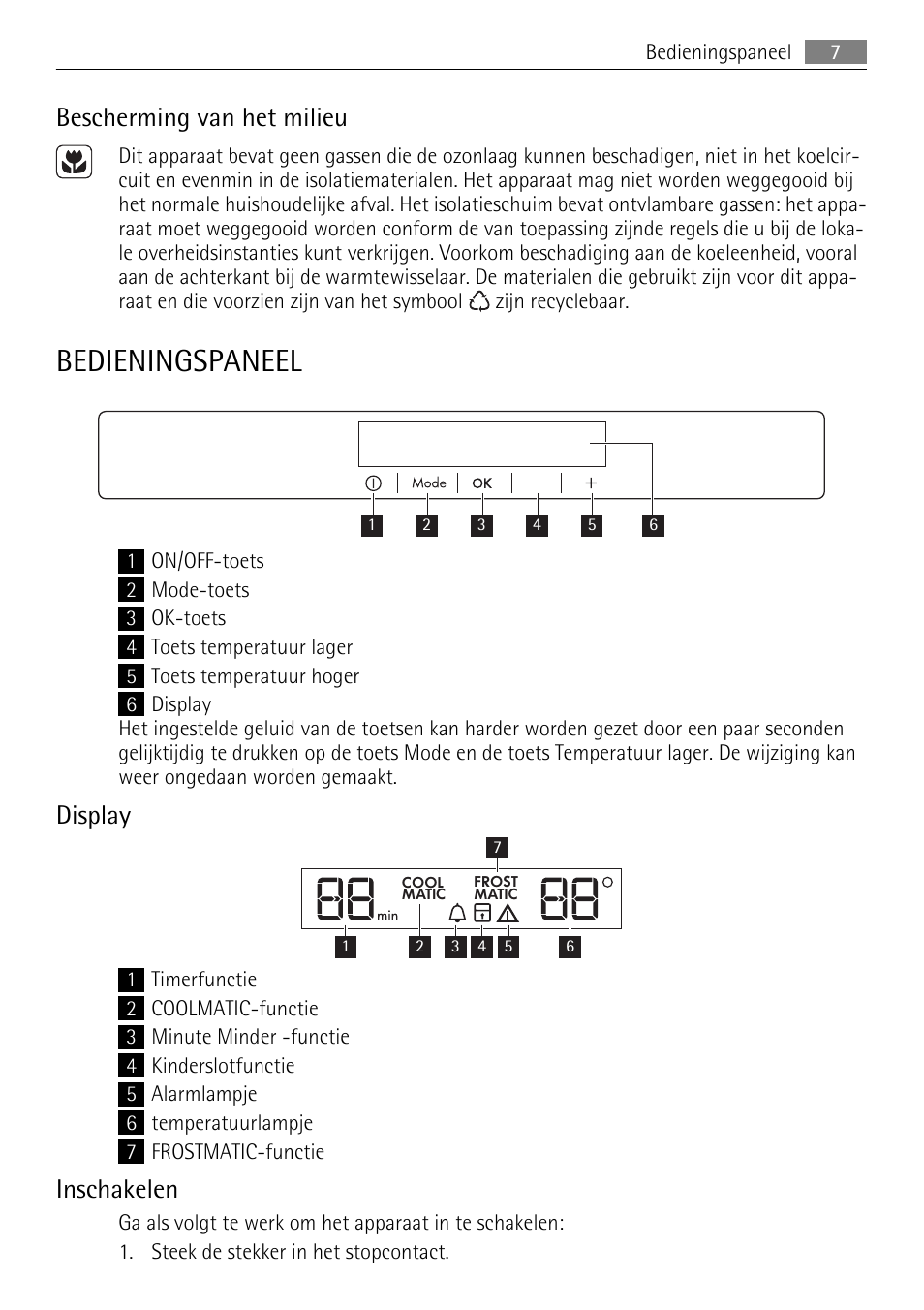 Bedieningspaneel, Bescherming van het milieu, Display | Inschakelen | AEG SKZ81200F0 User Manual | Page 7 / 96