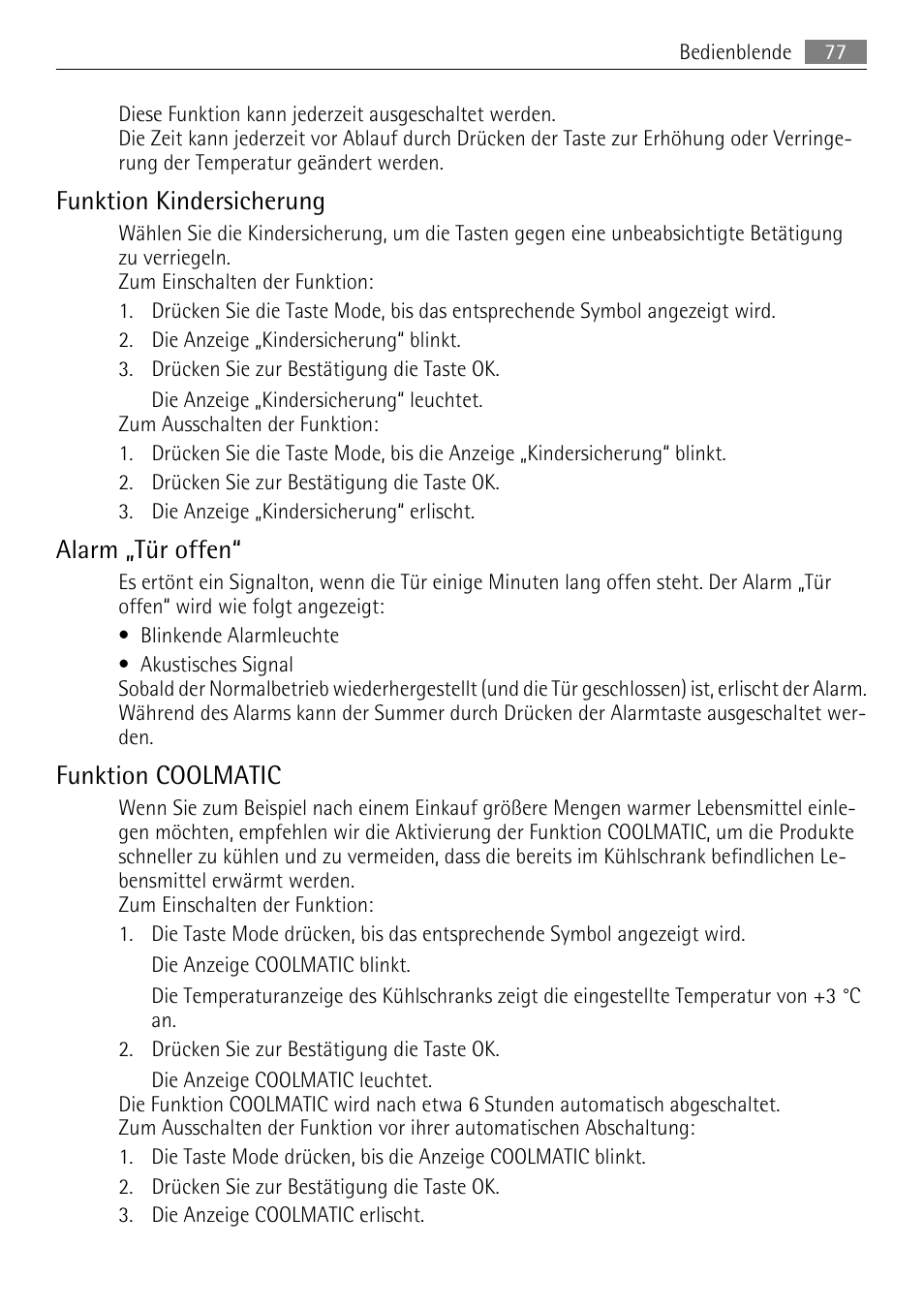 Funktion kindersicherung, Alarm „tür offen, Funktion coolmatic | AEG SKZ81200F0 User Manual | Page 77 / 96