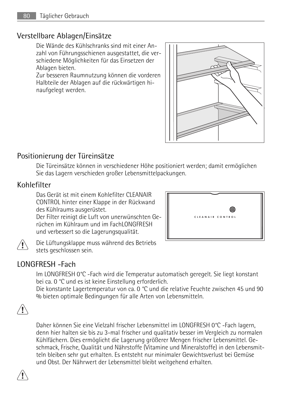 Verstellbare ablagen/einsätze, Positionierung der türeinsätze, Kohlefilter | Longfresh -fach | AEG SKZ81200F0 User Manual | Page 80 / 96