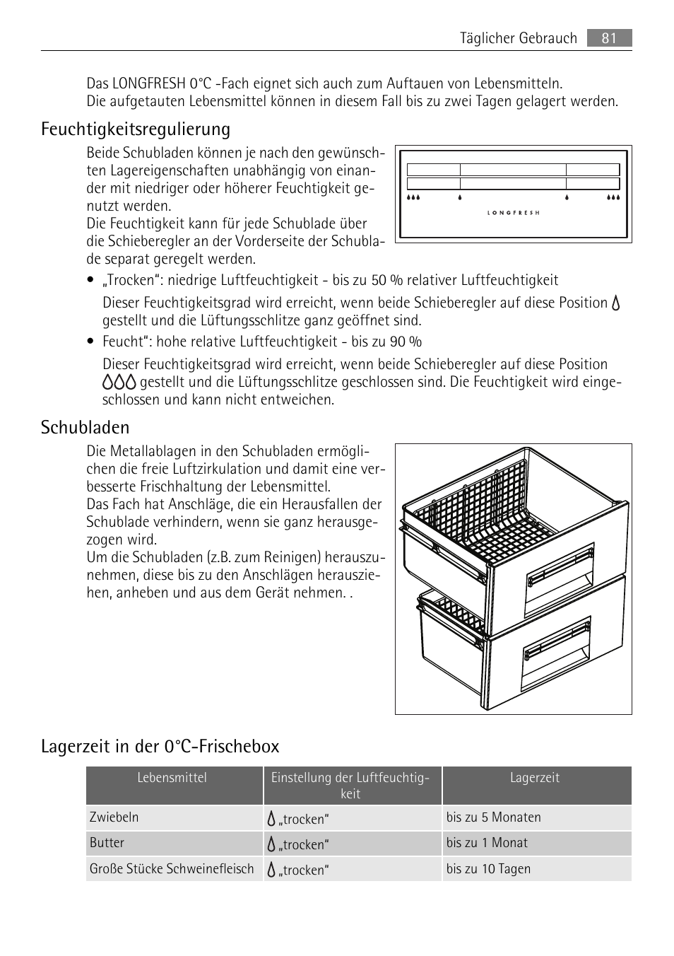 Feuchtigkeitsregulierung, Schubladen, Lagerzeit in der 0°c-frischebox | AEG SKZ81200F0 User Manual | Page 81 / 96