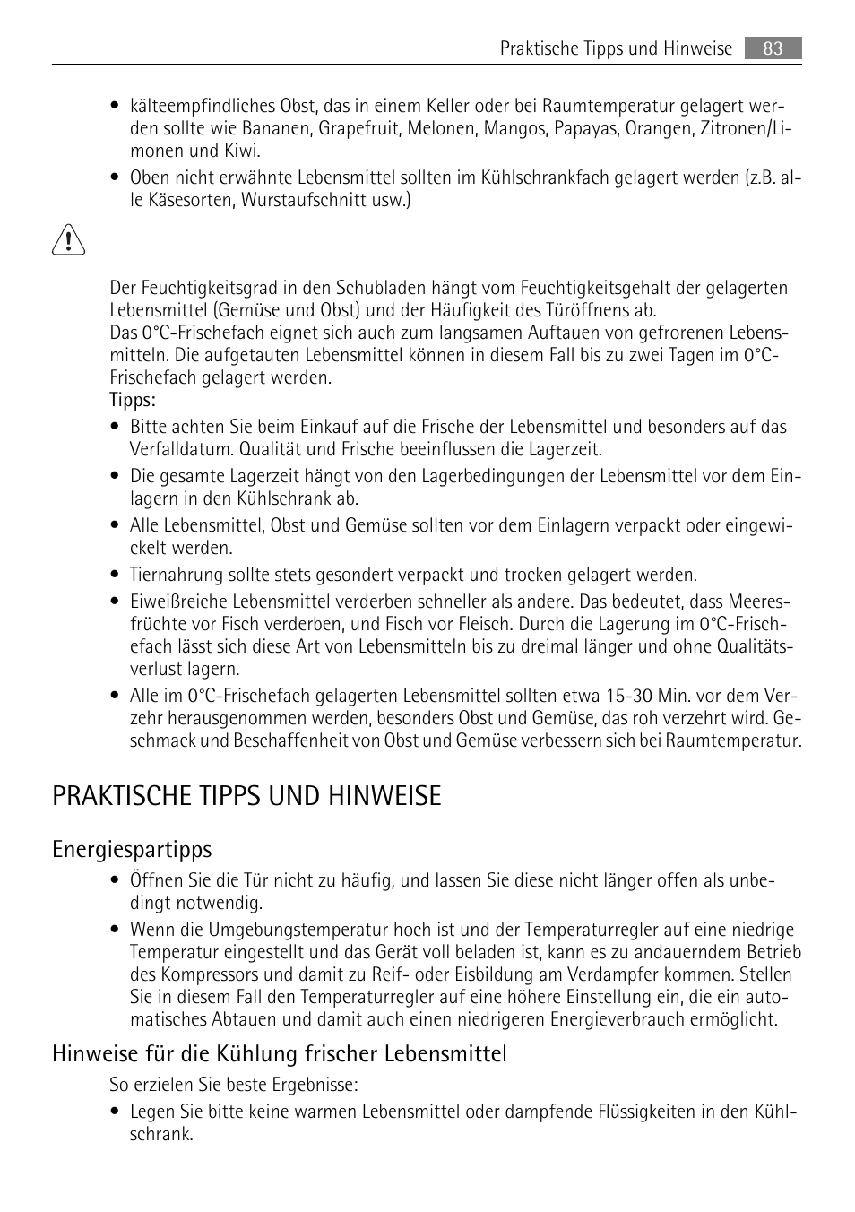 Praktische tipps und hinweise, Energiespartipps, Hinweise für die kühlung frischer lebensmittel | AEG SKZ81200F0 User Manual | Page 83 / 96