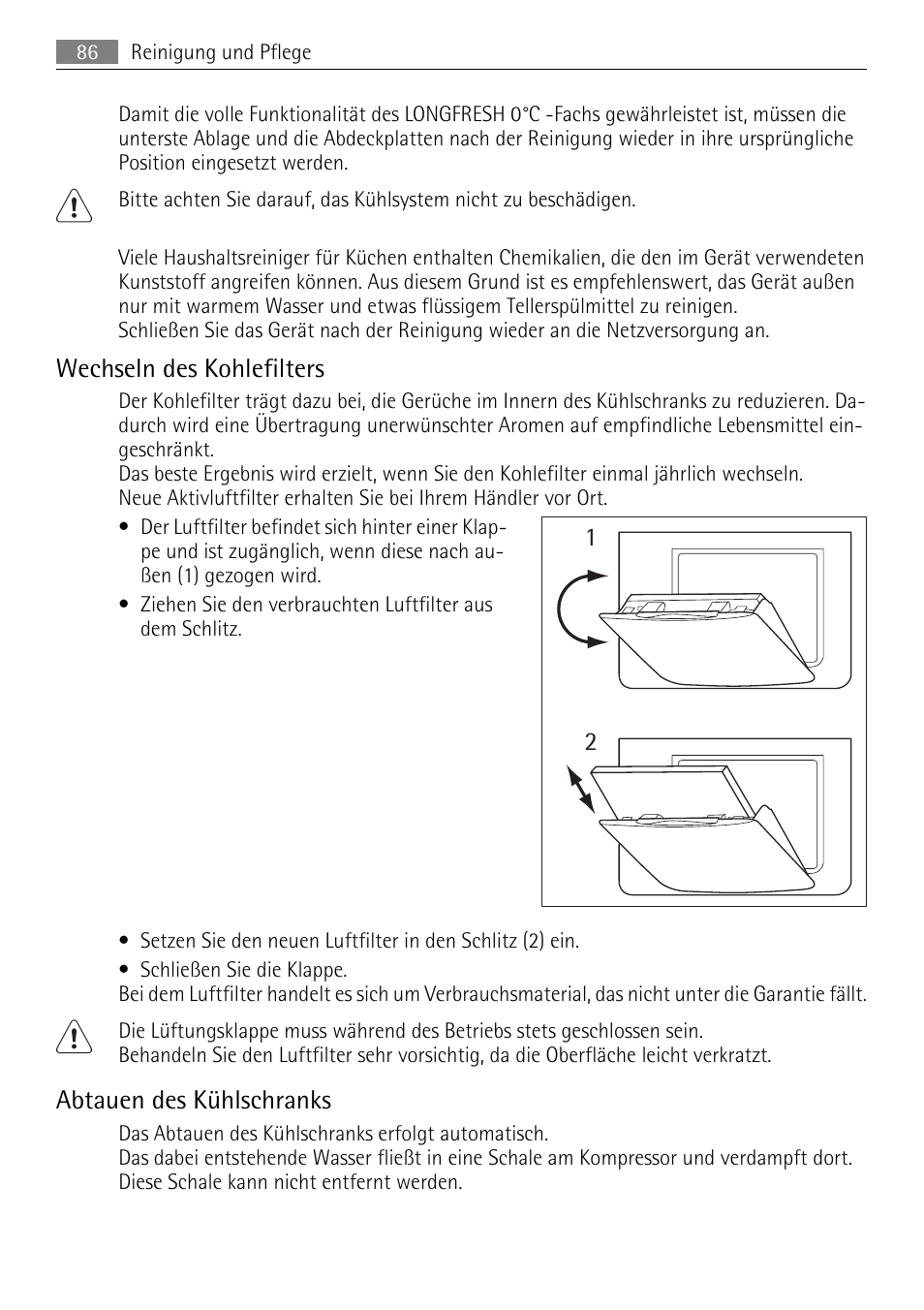 Wechseln des kohlefilters, Abtauen des kühlschranks | AEG SKZ81200F0 User Manual | Page 86 / 96