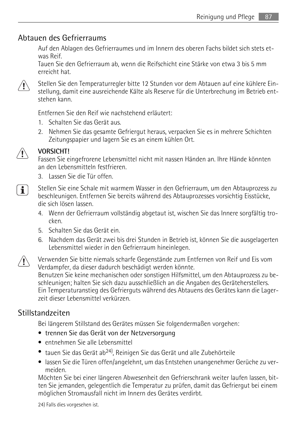 Abtauen des gefrierraums, Stillstandzeiten | AEG SKZ81200F0 User Manual | Page 87 / 96